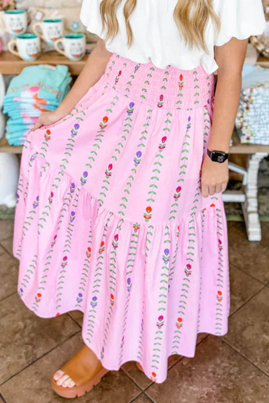 Rosa tryckt smockade tiered maxi kjol