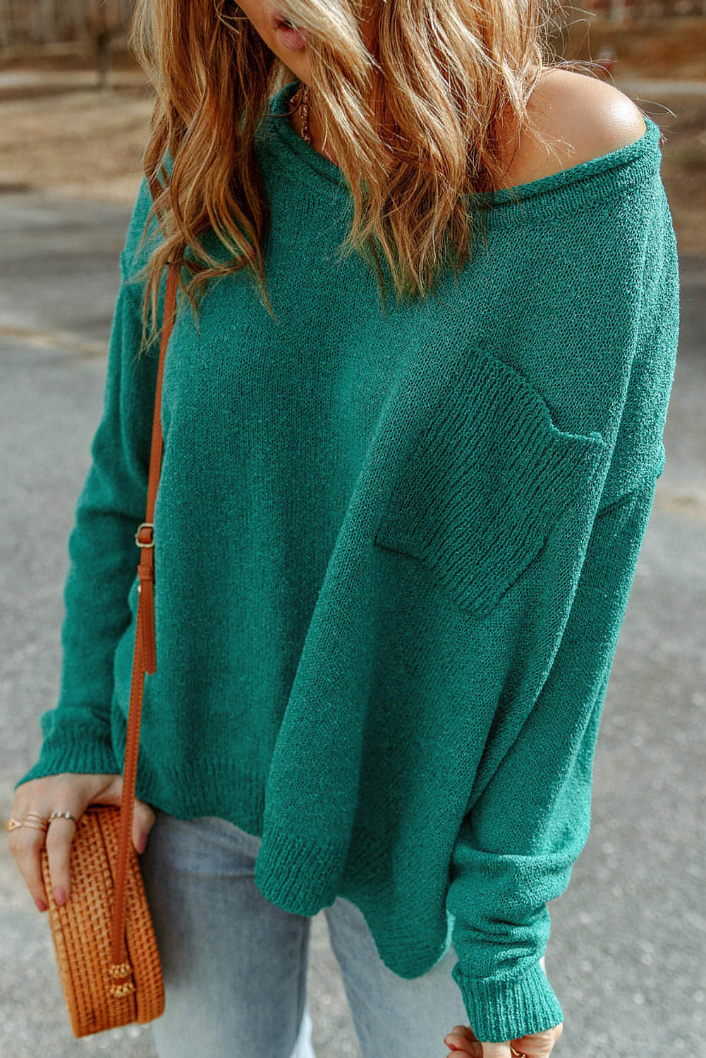 Green Solid Color Off Shoulder Rib Knit Sweater with Pocket