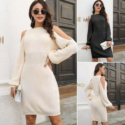 Lantern Sleeve Woolen Skirt Female Waist Trimming Loose Knitted Dress