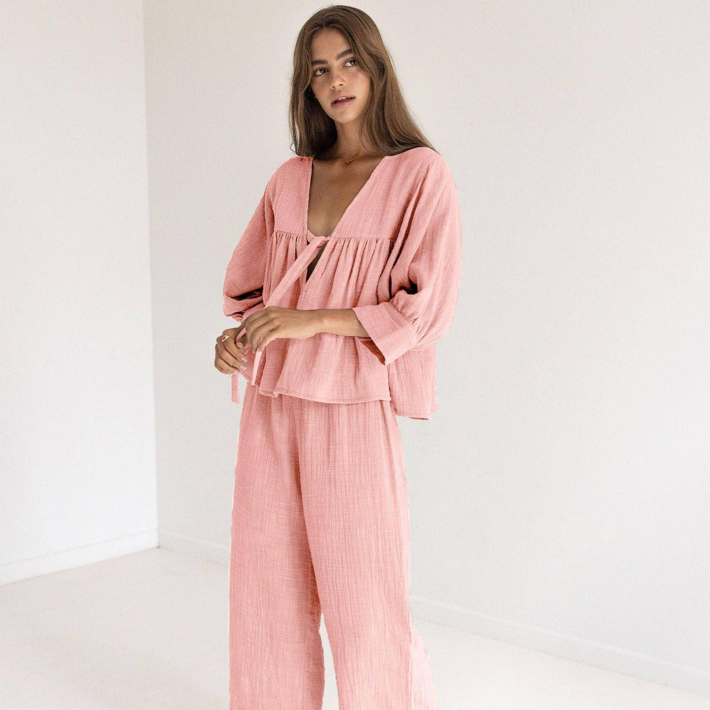 Women's Fashion Long Sleeve Double-layer Crepe Pajamas Trousers Loose Outfit