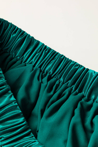 Blackish Green Satin Elastic Waist Pleated Maxi Skirt