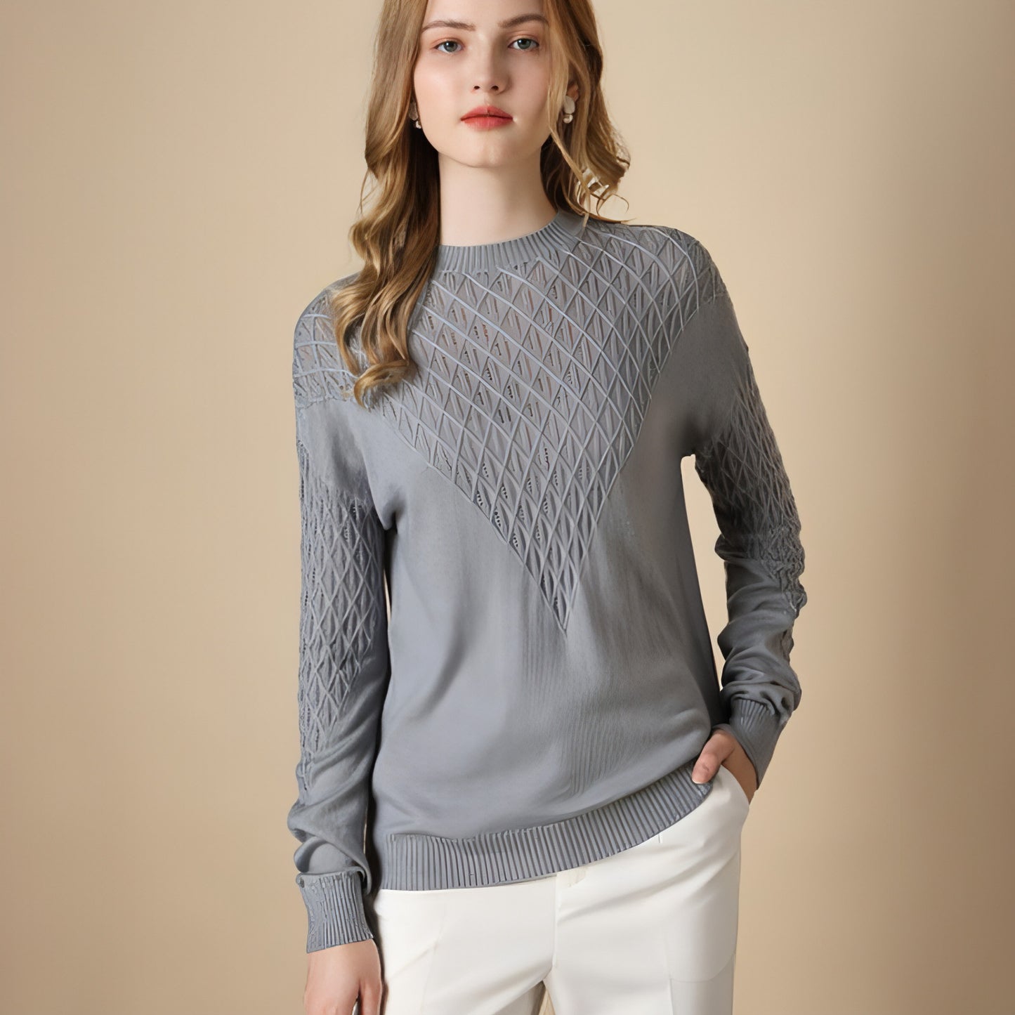 Pure Color Hollow Knitted Sweater Women Half High Fashion