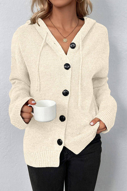 White Drawstring Hooded Button Up Drop Shoulder Sweater Cardigan