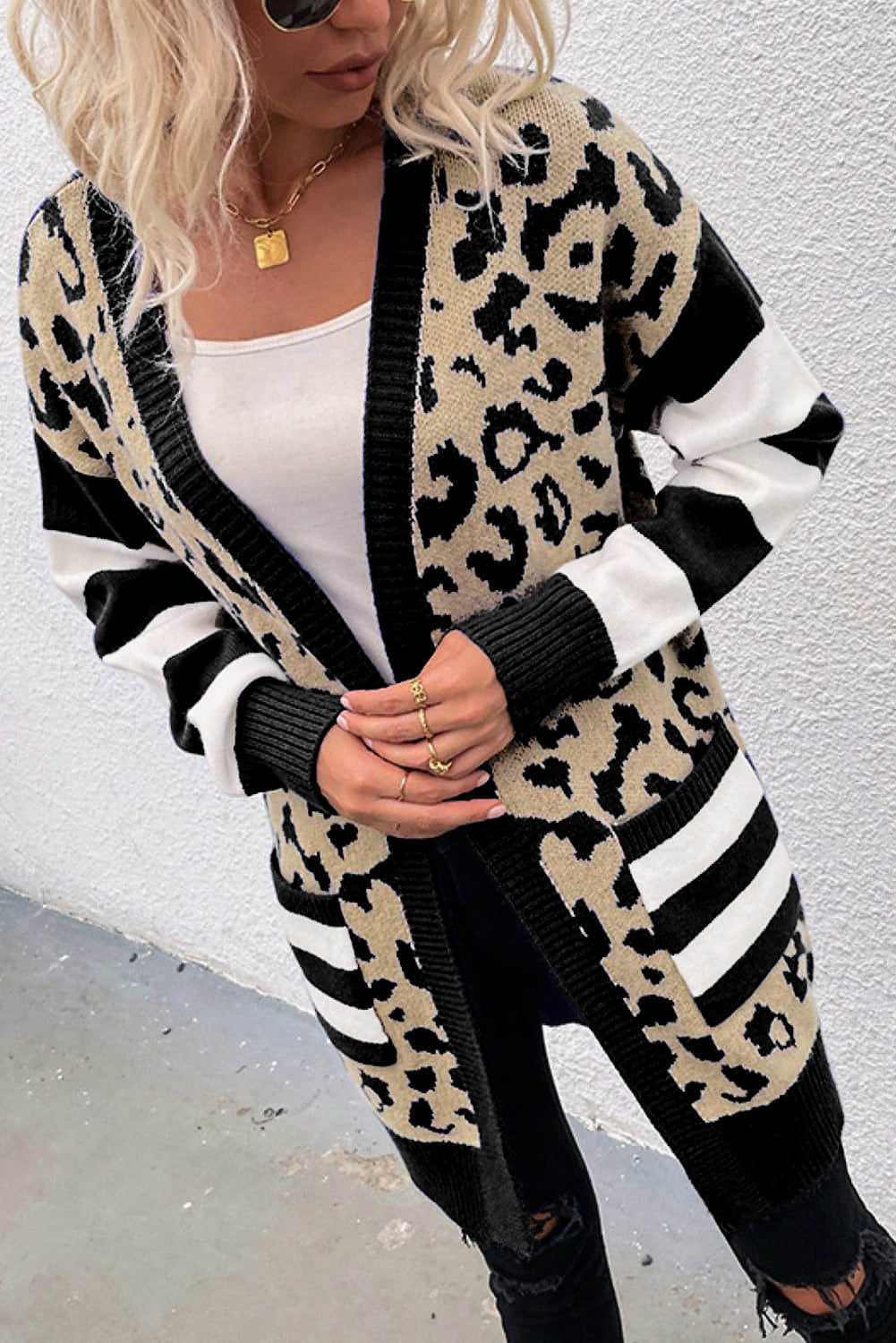 Black Stripe Eleve Leopard Print Open Front Cardigan с карманами