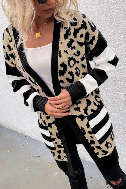 Black Stripe Sleeve Leopard Print Cardigan med åpen front og lommer