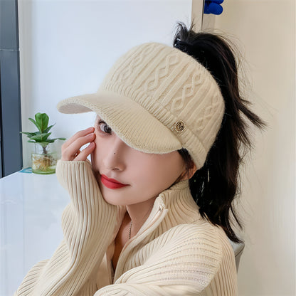 Autumn And Winter Korean Style Versatile Knitted Rabbit Fur Knitted Hat Fleece-lined Thick Warm Earflaps Peaked Cap