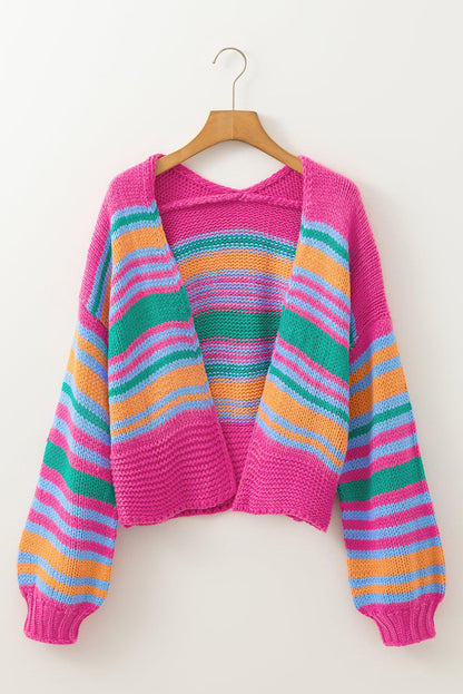 Cardigan ampio con spalle scoperte e maniche a sbuffo colorate a righe rosa