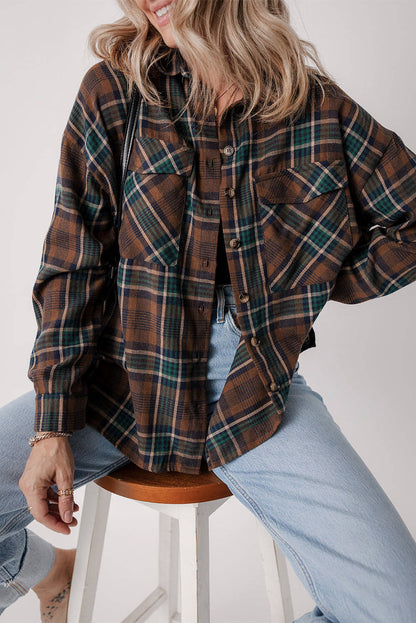 Bruine plaid print borstzakken geknoopt shirt jas