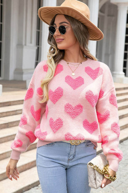 Maglione lavorato a maglia jacquard con cuore rosa chiaro per San Valentino