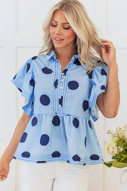 Sky Blue Polka Dot Print ruffled korthylse knappet krage bluse