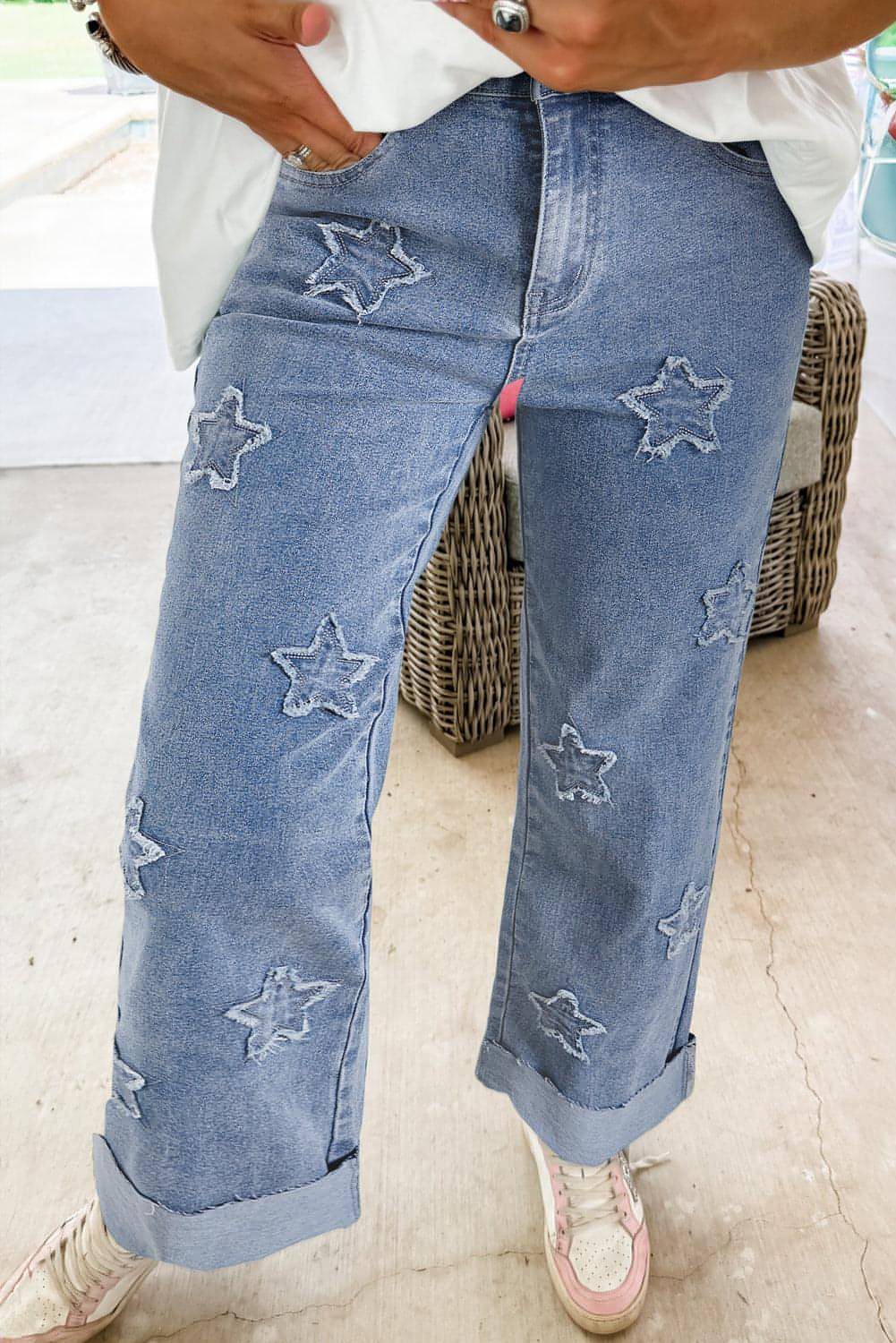 Dusk Blue Failed Star Patchwork Leg reto jeans solto