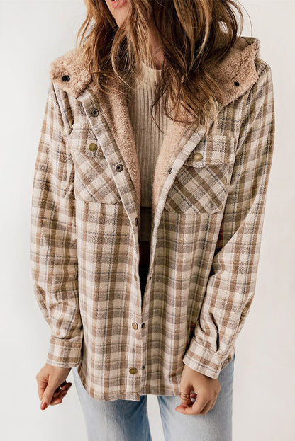 Khaki Plaid Pattern Sherpa Lined Hooded Shacket