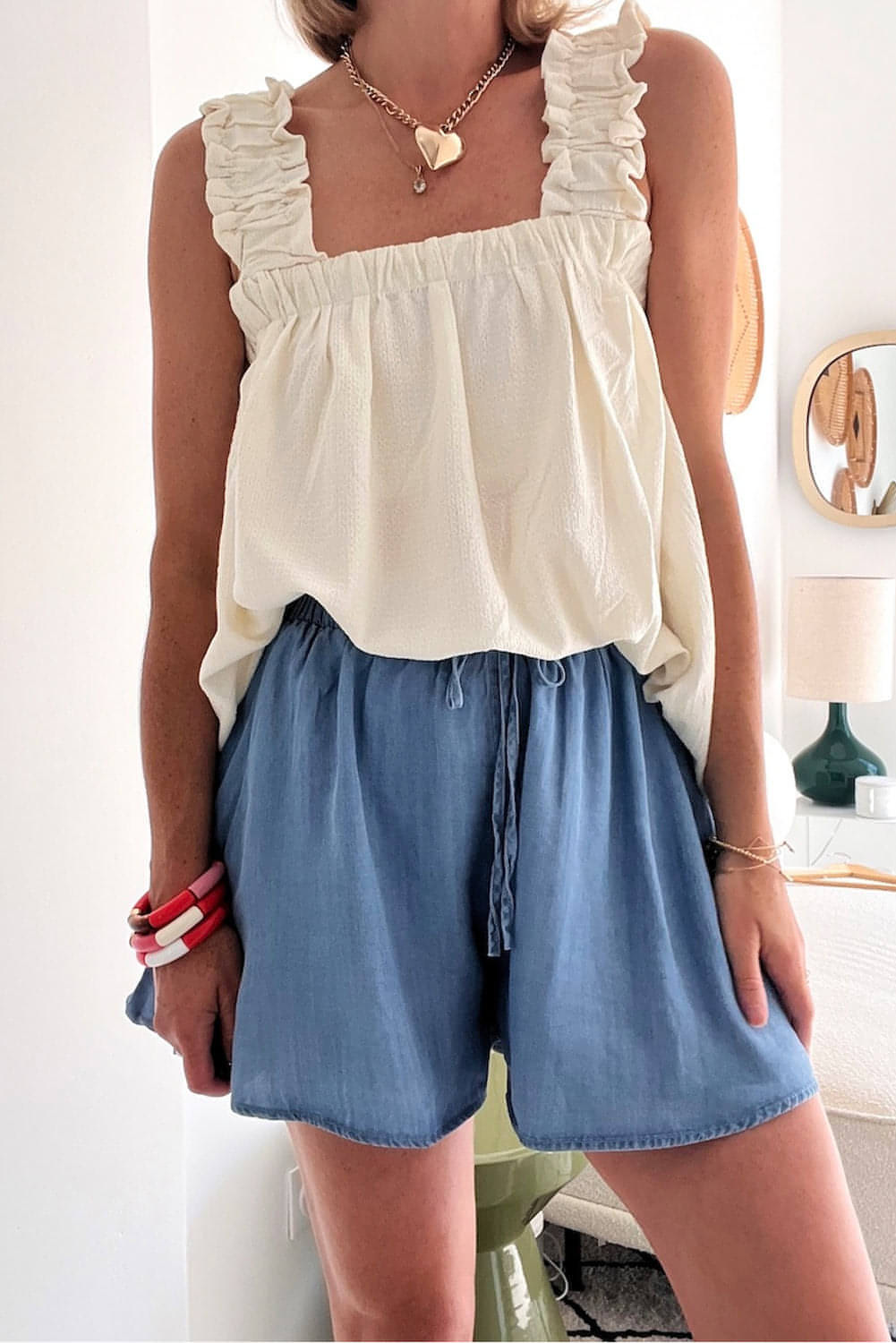 Short en jean à jambe large et taille élastique bleu crépuscule