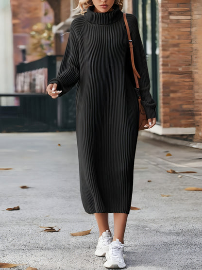 Long Below The Knee Loose High Collar Knitted Dress Sweater