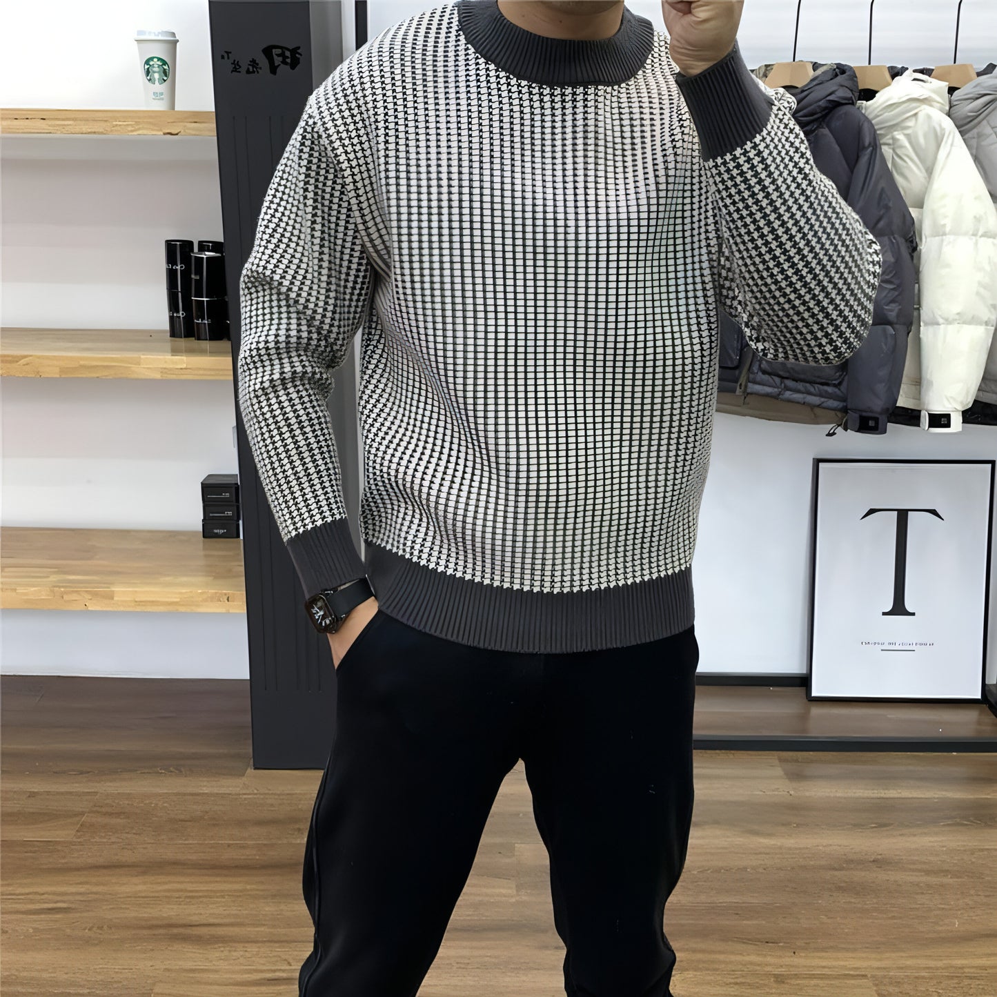 A. Round Neck Base Slim Fit Pullover Thick Plaid Sweater