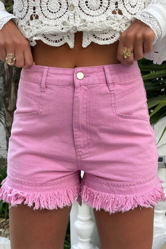 Shorts de jeans de borda desgastada rosa