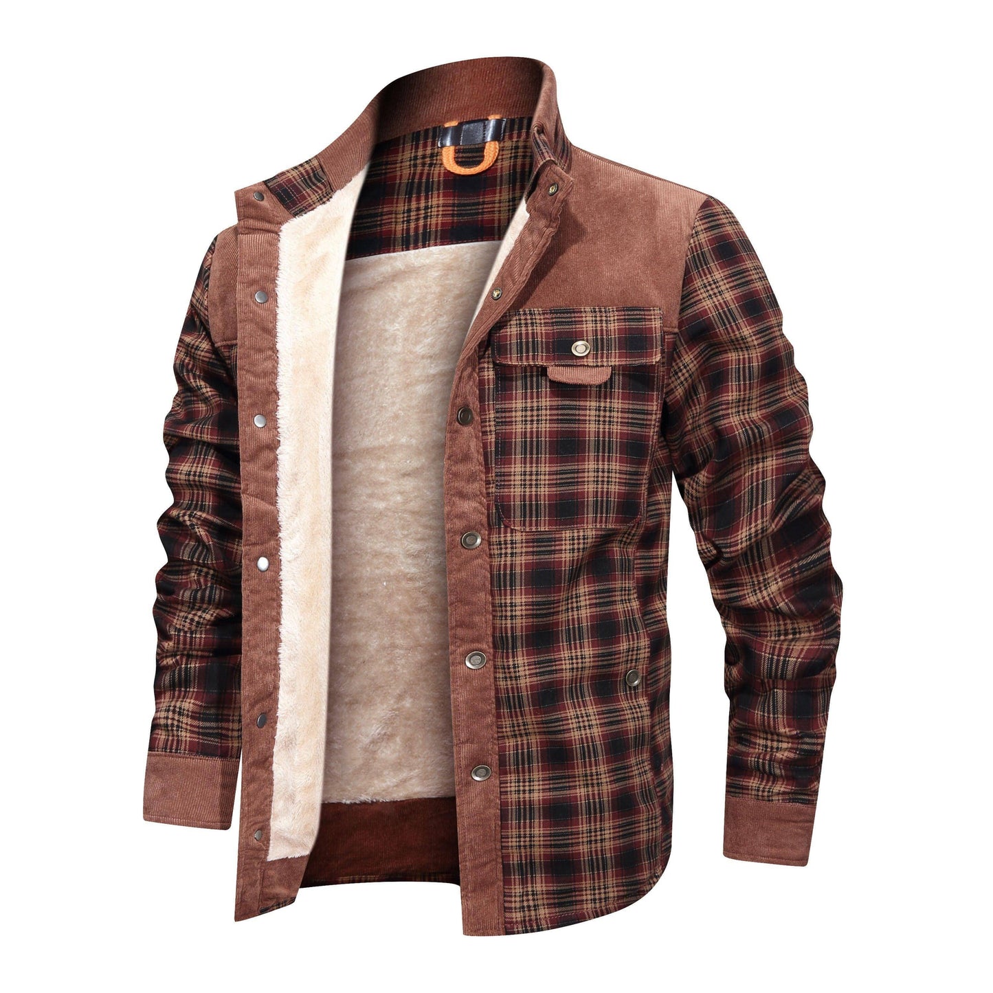 Thickened Jacket With Classic Plaid Fuzzy Fleece Lining Inside Design