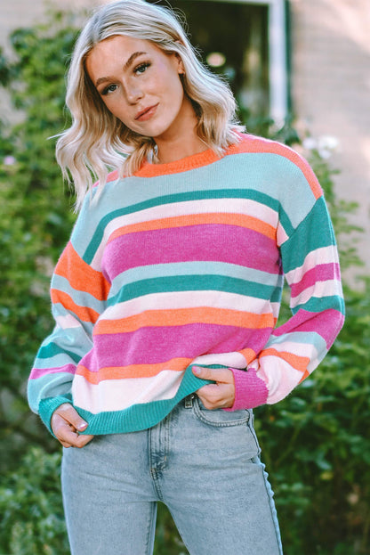 Pull à manches bouffantes et épaules tombantes en tricot à rayures multicolores