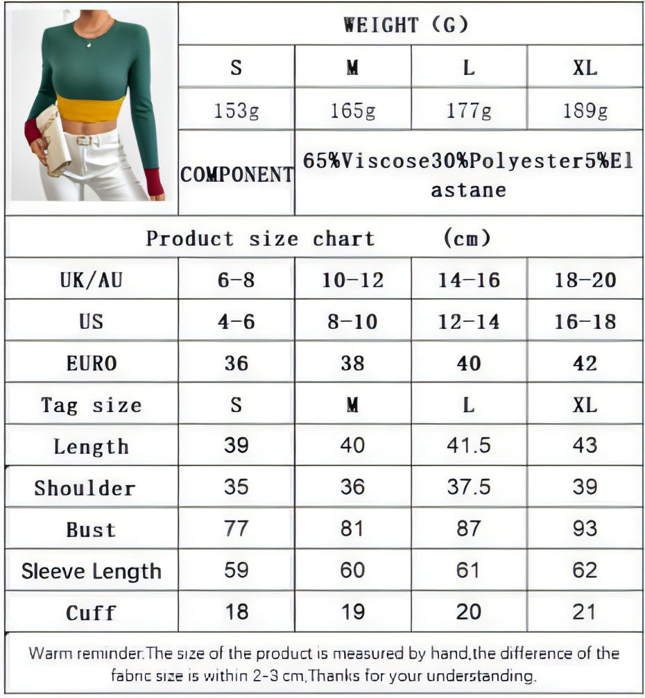 Slim Fit O-neck Short Stitching Long Sleeve T-shirt Women