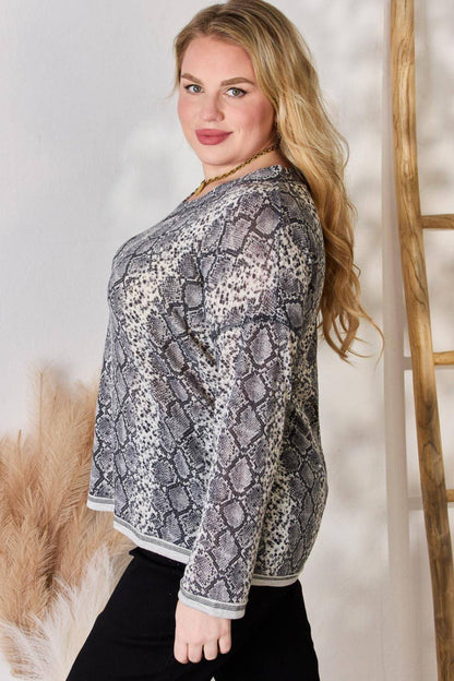 Hailey & Co Full Size Snakeskin V-Neck Long Sleeve Top