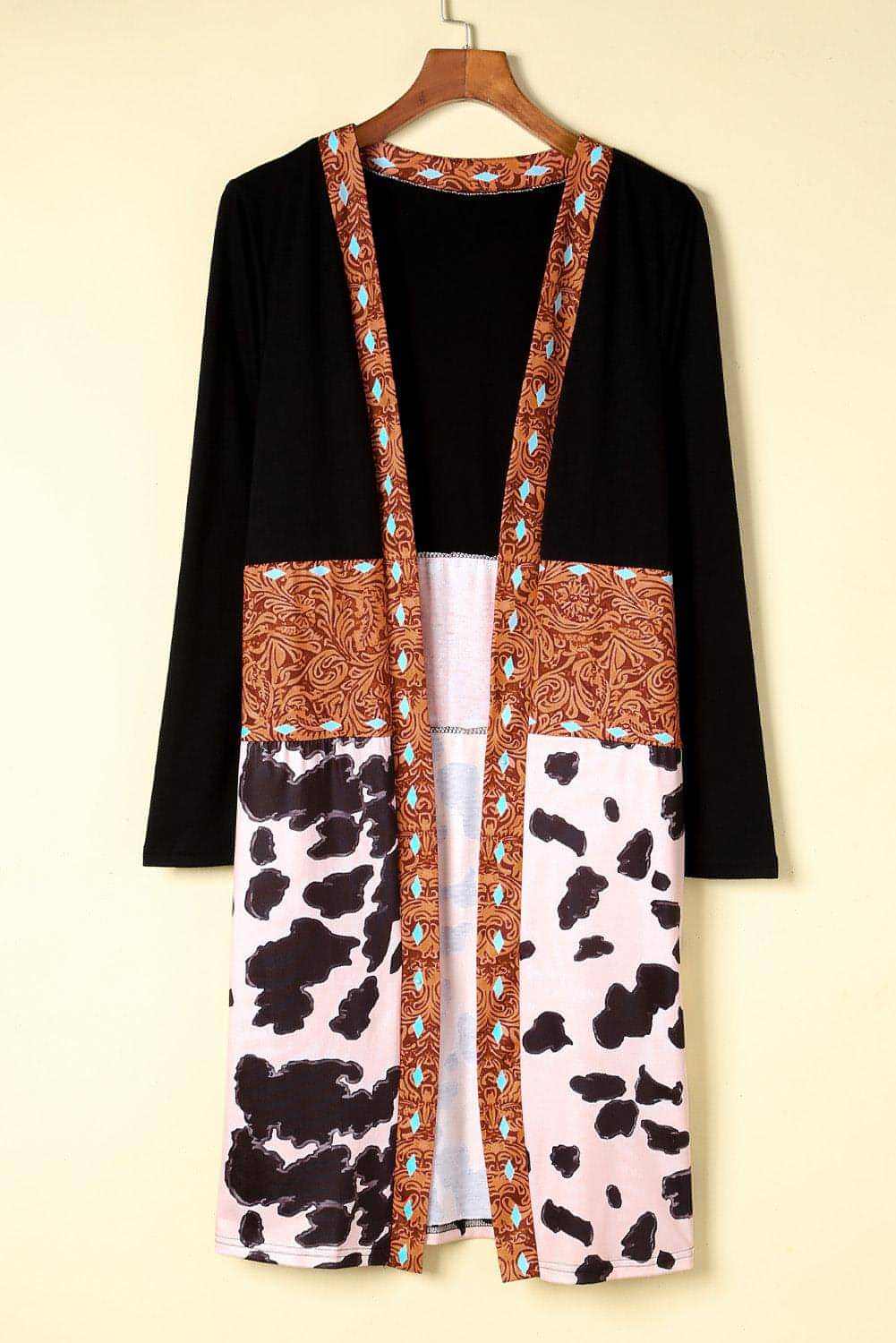 Cardigan noir ouvert sur le devant en patchwork de vache à motif occidental