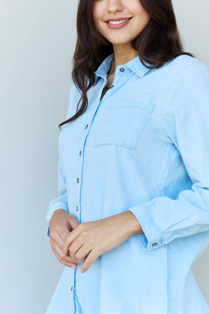 Doublju Blue  Baby Denim Button Down Shirt Top in Light Blue