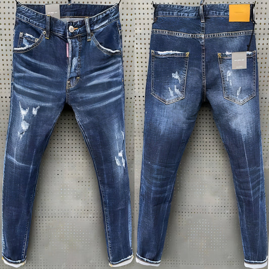 A1. Jeans DSQ ajustados y elásticos con parches y pintura salpicada para hombre