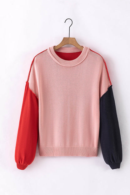 Pink Colorblock Bishop Sleeve Ribbed Trim Sweater