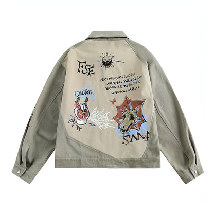 Cultural Graffiti Oil Painting Patterned Denim Jacket Men