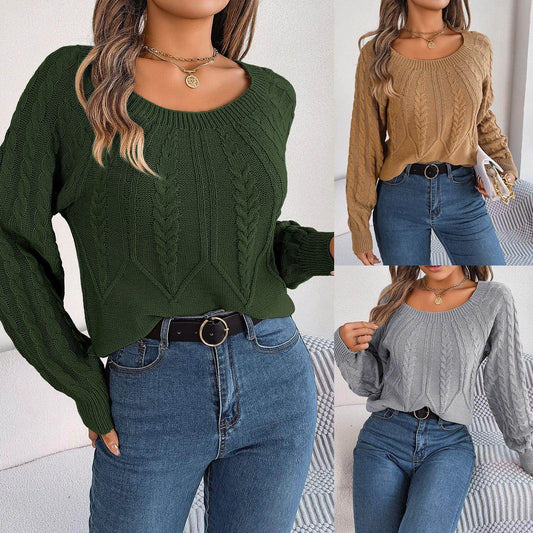 Leisure Solid Color Twist Long Sleeve Pullover Sweater Women