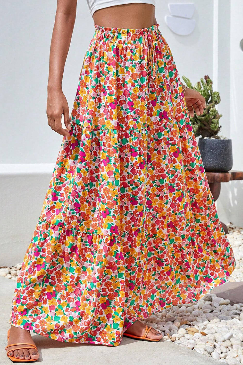 Gele Boho bloemenprint gelaagde lange rok