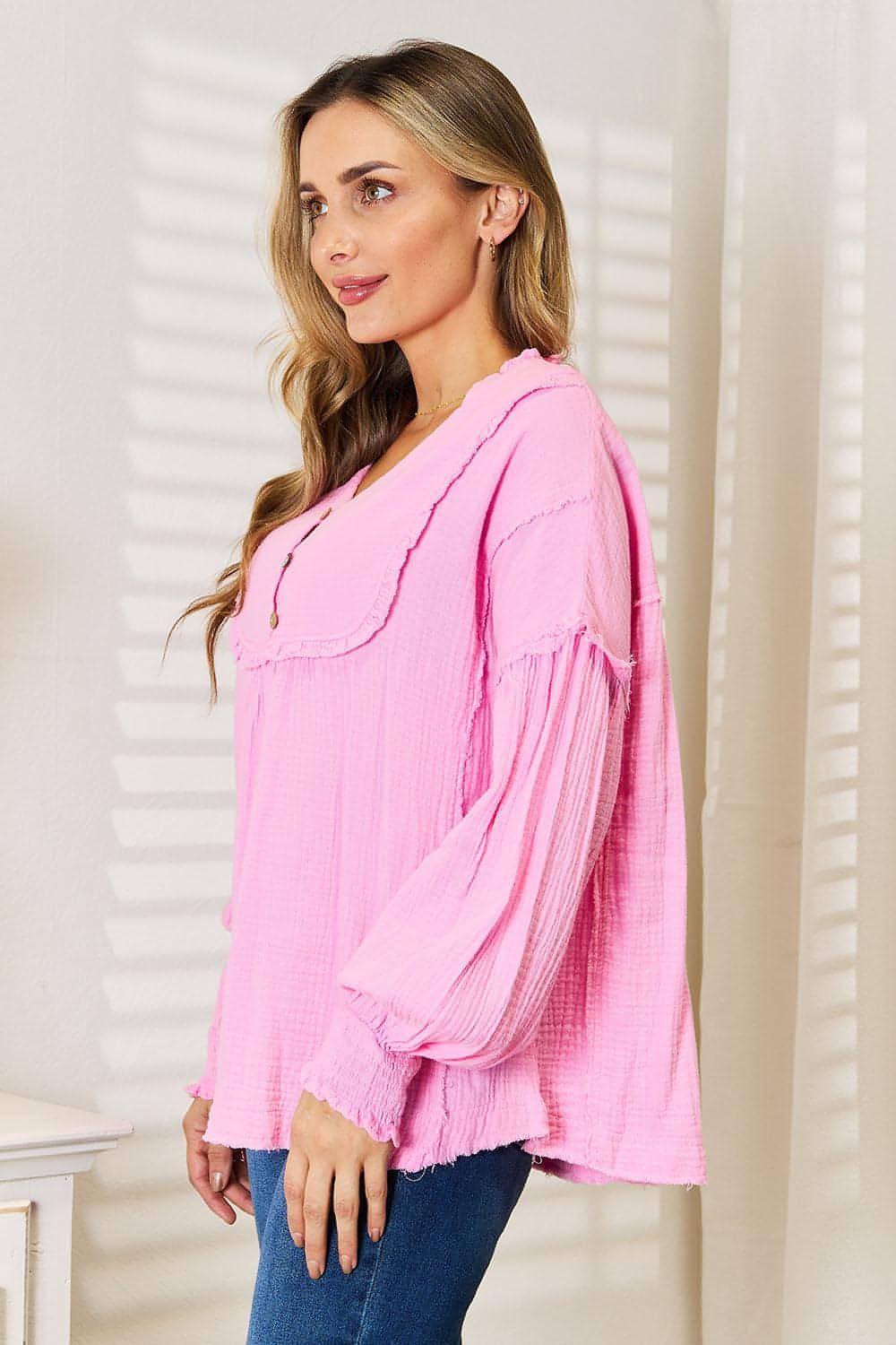 Dobbel Take Exposed Seam Buttoned Hals Bluse