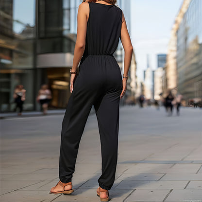 Women's Black Sleeveless Long Jumpsuit