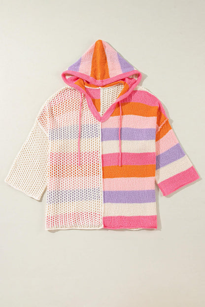 Pink Oversized Colorblock V Neck Hooded Sweater