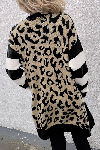 Black Stripe Sleeve Leopard Print Cardigan med åpen front og lommer