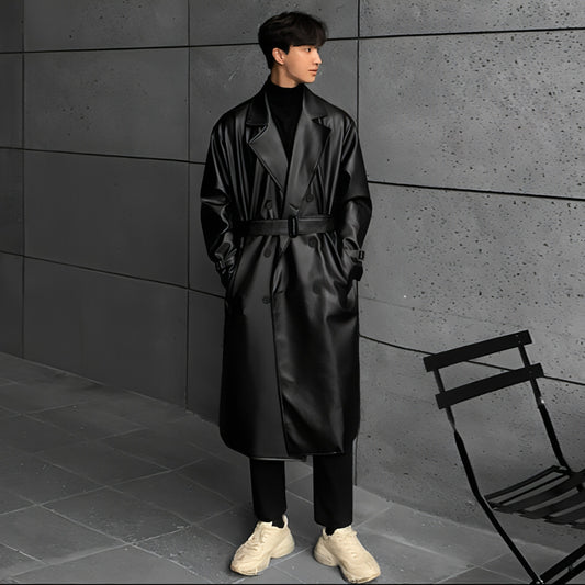 Men's Mid-length Double-breasted Leather Trench Coat