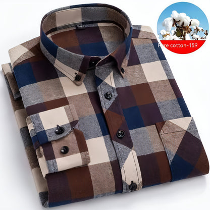 Camisa de vestir de cuadros escoceses de algodón cepillado para hombre