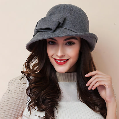 Women's French-style Elegant Retro Woolen Bowler Hat Curling Bow