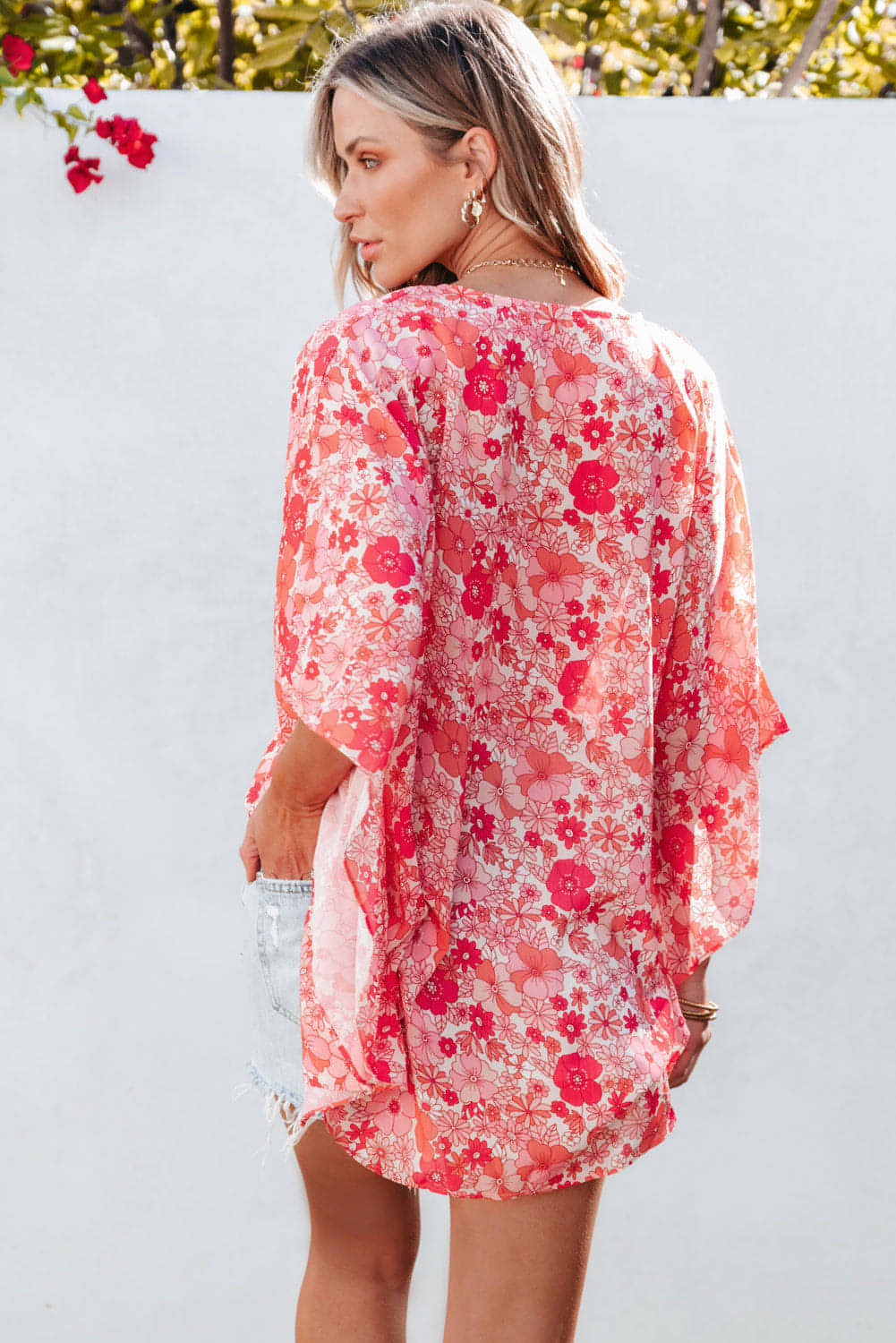 Pink boho floral v vratu kimono v stilu bluza