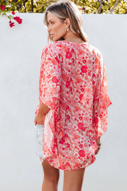 Pink boho floral v vratu kimono v stilu bluza