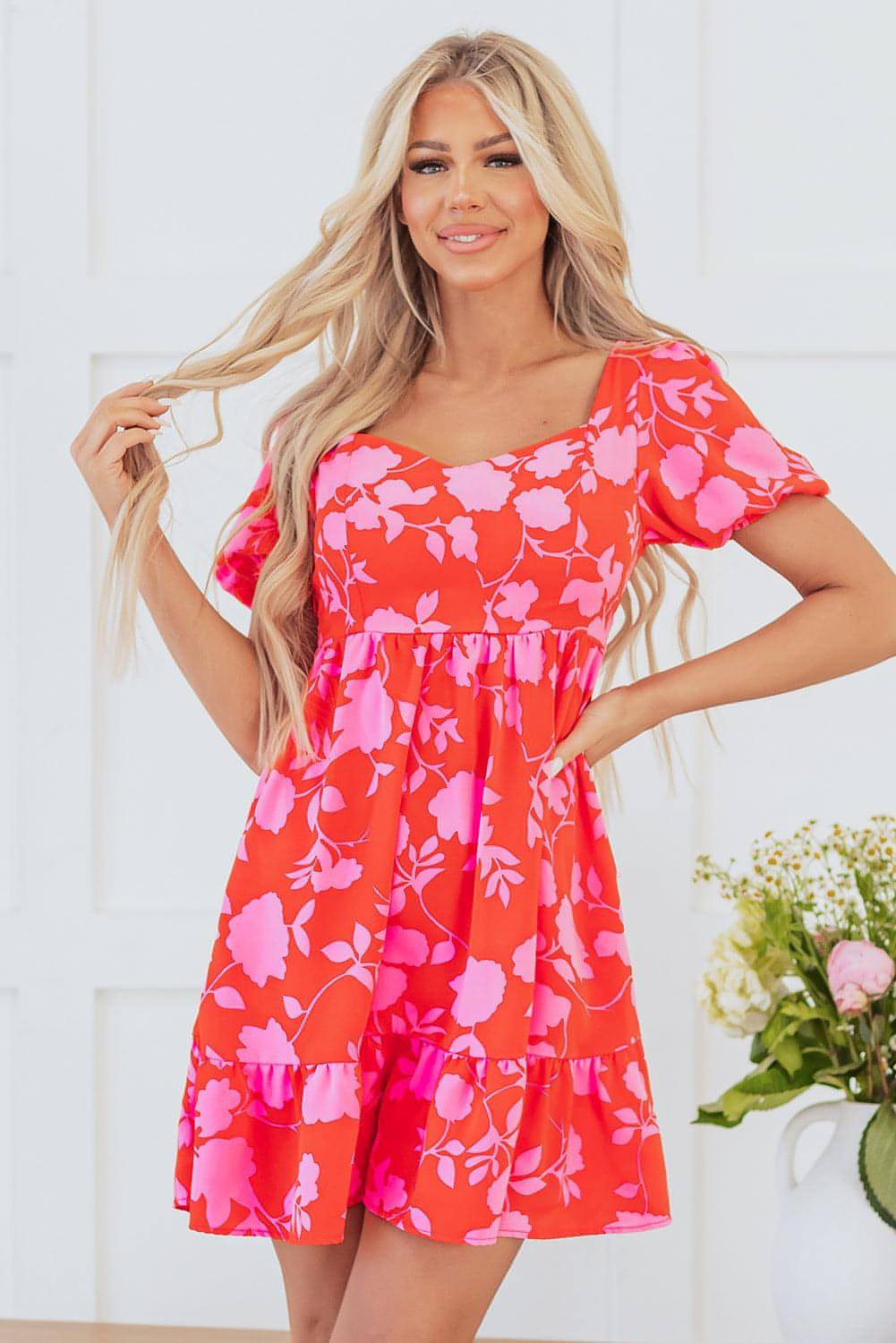 Red Floral Bubble Manga Sweetheart Neck Ruffled Mini Dress