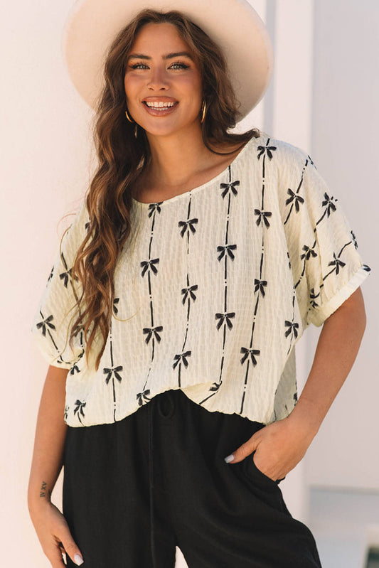 Beige Bow Print Puff Short Sleeve Top