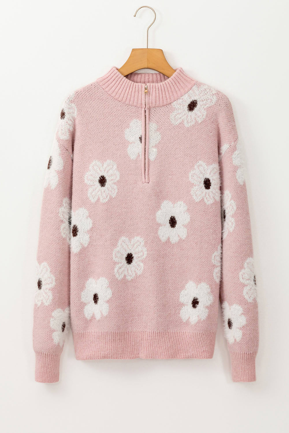 Pull rose à demi-zip et épaules tombantes à motif floral