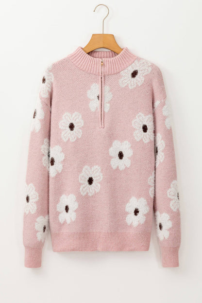 Pull rose à demi-zip et épaules tombantes à motif floral