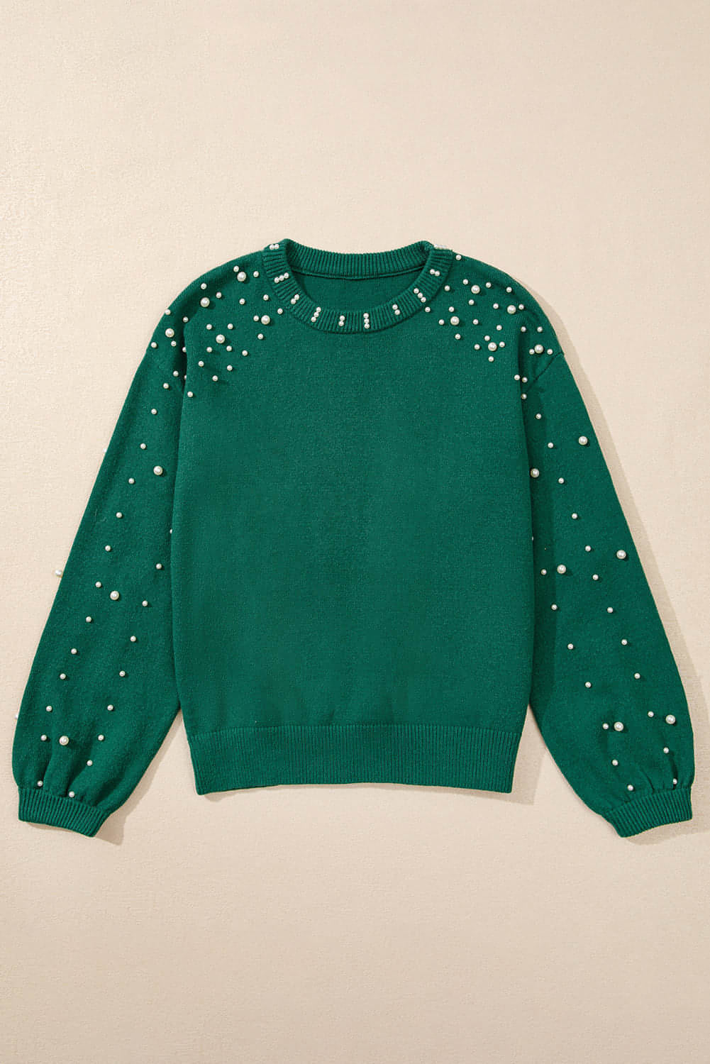 Evergreen-Perlenpullover mit überschnittener Schulterpartie und Rundhalsausschnitt