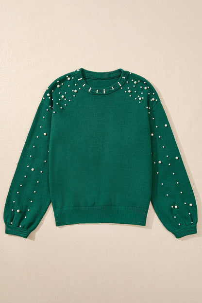 Evergreen-Perlenpullover mit überschnittener Schulterpartie und Rundhalsausschnitt