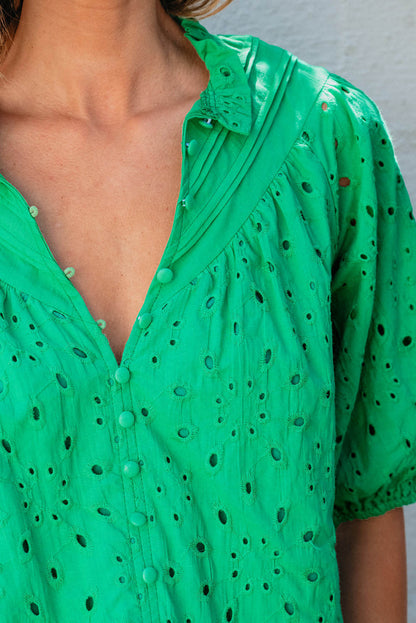 Green Flower Embroidered Hollow-out Puff Sleeve Blouse