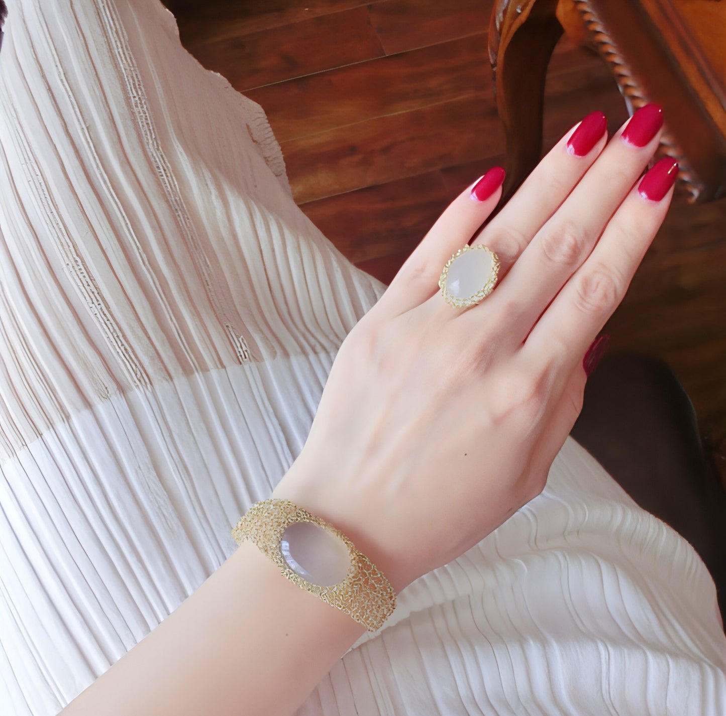 14k Gold Wire Natural White Chalcedony Bracelet