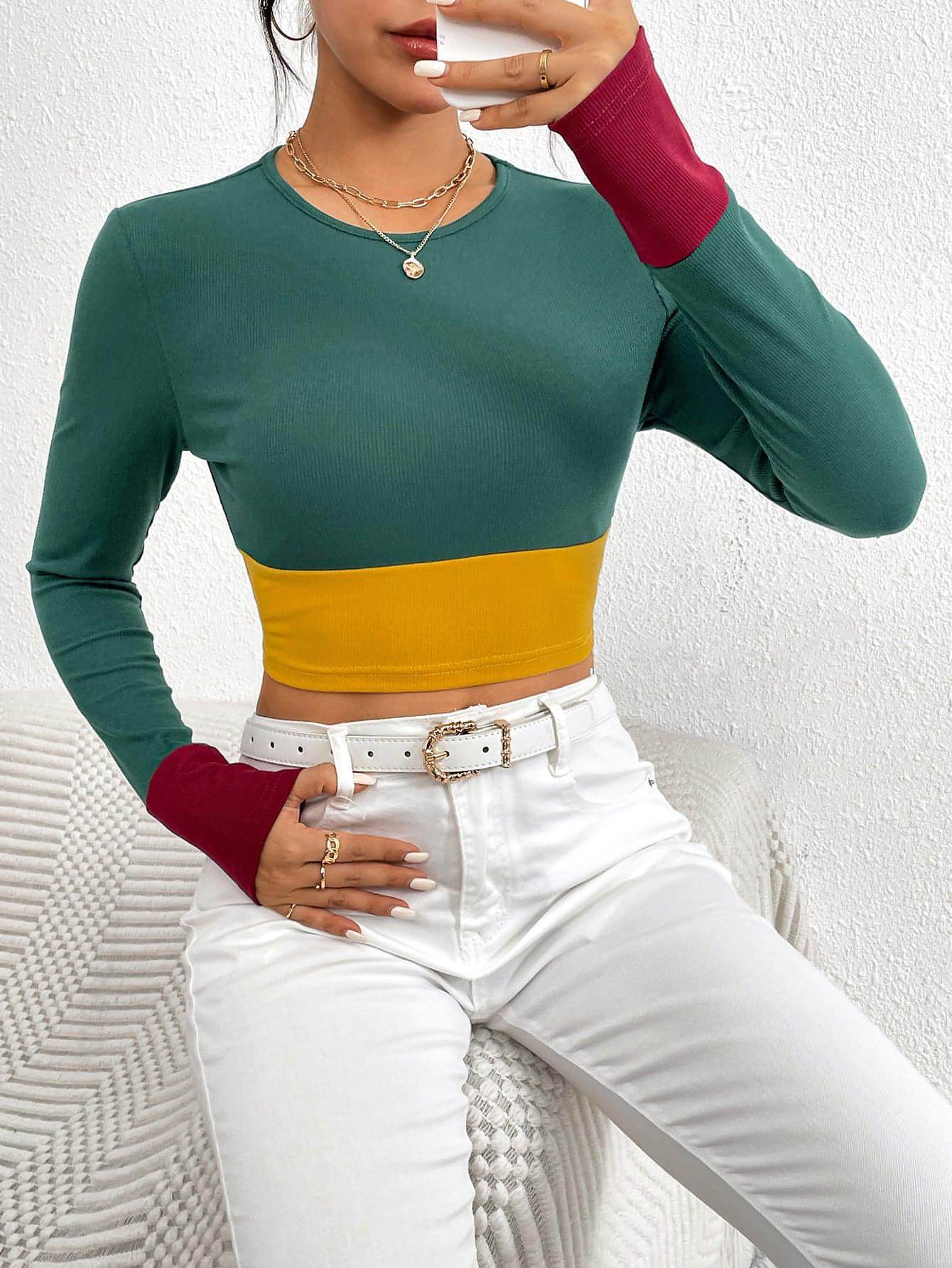 Slim Fit O-neck Short Stitching Long Sleeve T-shirt Women