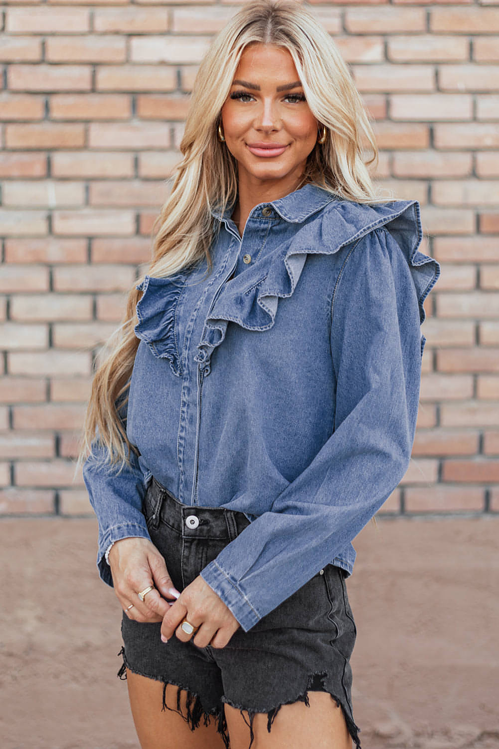 Dusk Blue Denim Ruffled Casual Topp